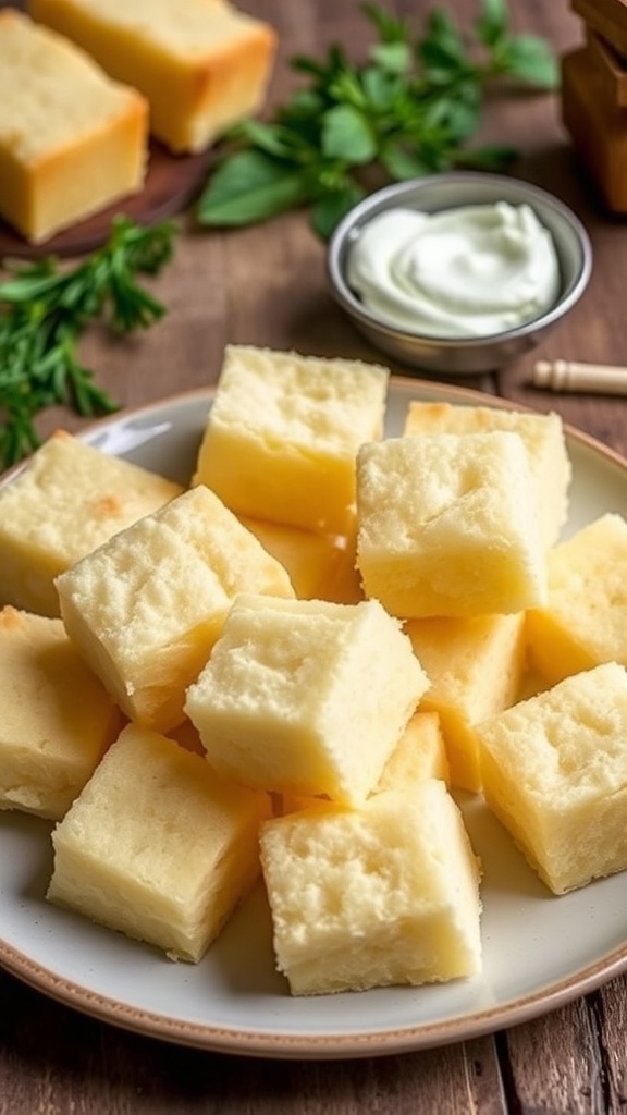 Fluffy cloud bread pieces on a plate, showcasing a light and airy texture, in a rustic kitchen setting.